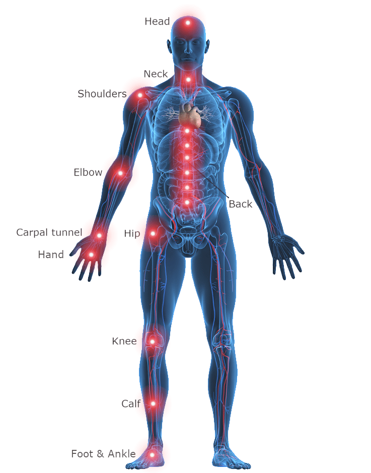 Chiropractic areas of the body. Chiropractic treatment areas marked in red.